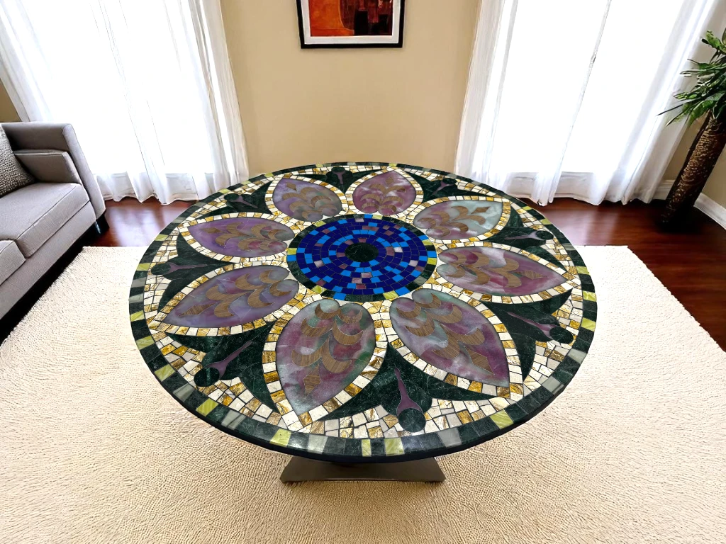 Custom Round Marble Coffee Table with Semi-Precious Stone Inlay